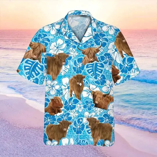 Highland Cow Blue Floral Trendy Hawaiian Shirt Cow Hawaii Shirt Cow Lovers Shirt For Men