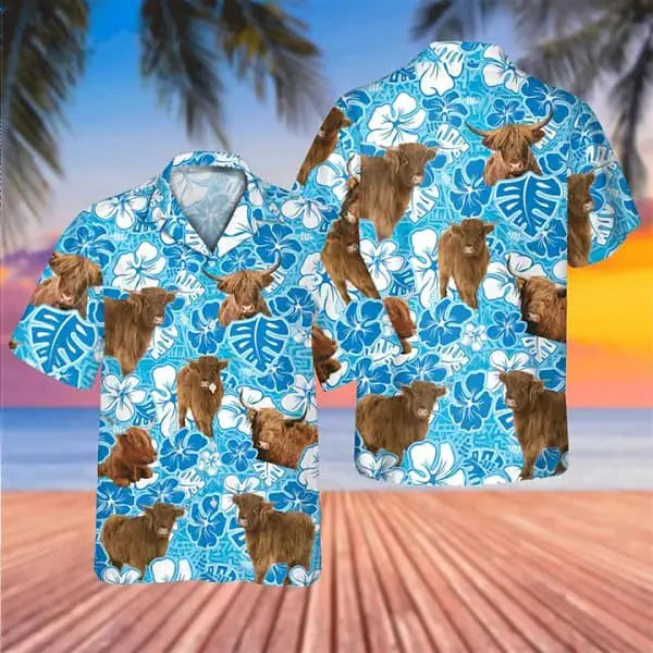 Hawaiian Shirt / Adults / S Highland Cow Blue Floral Trendy Hawaiian Shirt Cow Hawaii Shirt Cow Lovers Shirt For Men