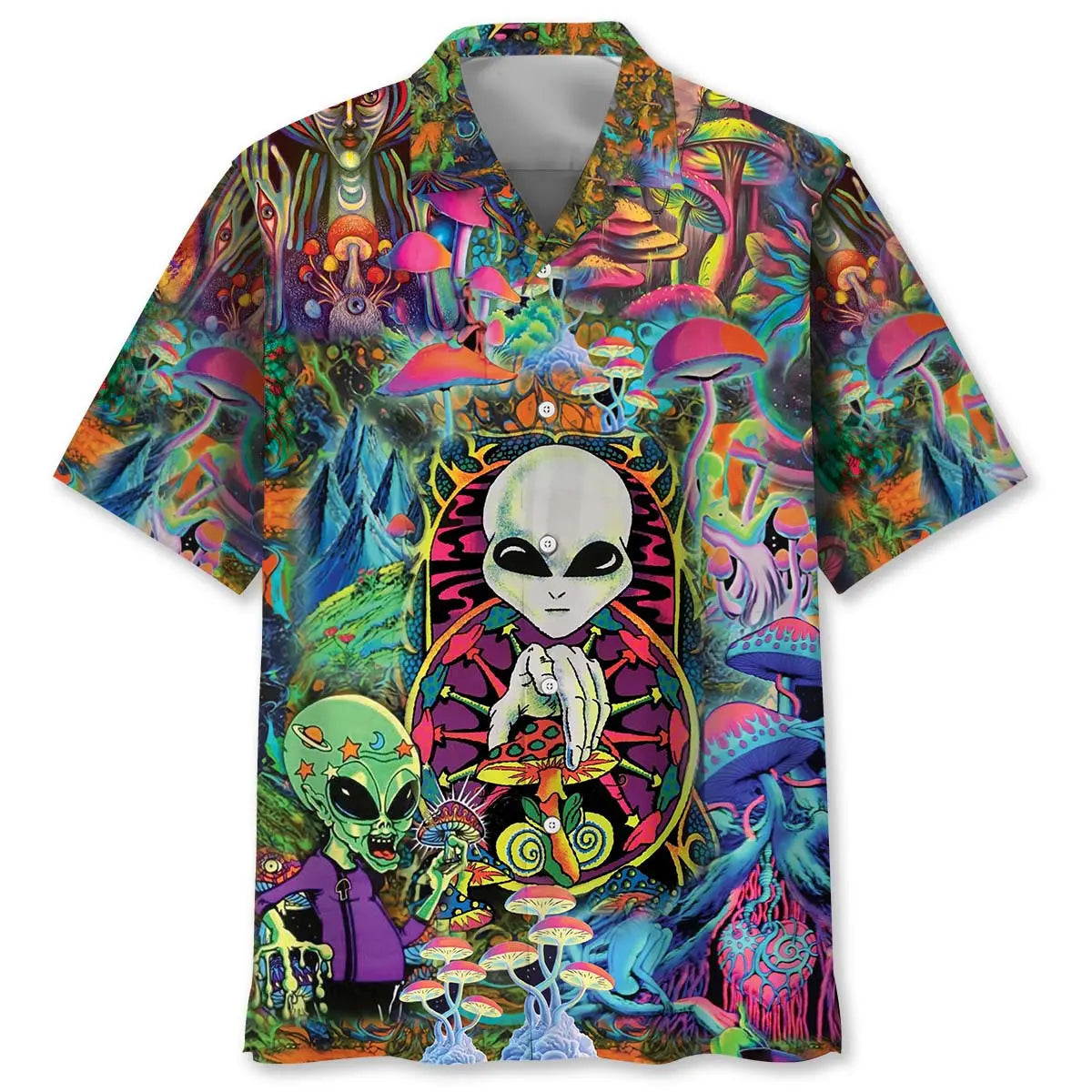 Hippie Alien Mushroom Hawaiian Shirt For Casual Weekend, Resort Holiday, And Daily Summer Wear