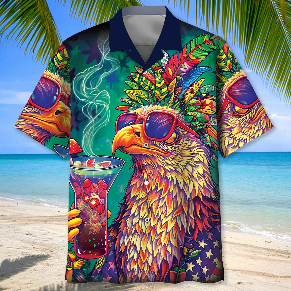 Hippie Bald Eagle Funny Art Hawaiian Shirt For Beach Travel, Cruise Journey, And Relaxed Resort Style