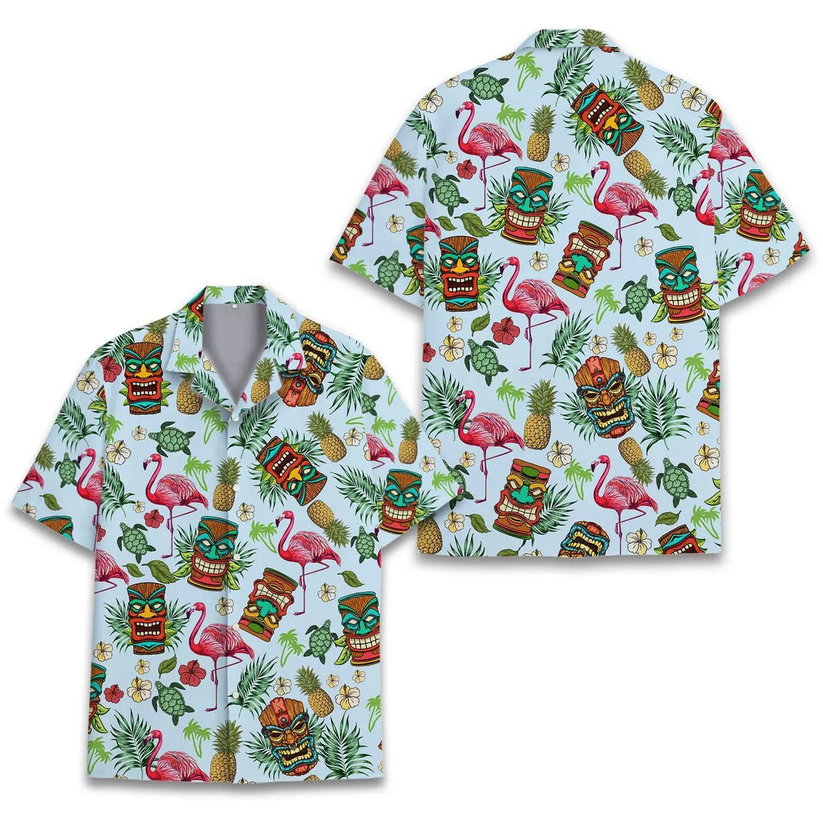 Tropical Island Tiki Flamingo Aloha Hawaiian Shirt For Creative Adventures, Beach Travel, And Bold Warm Weather Wear