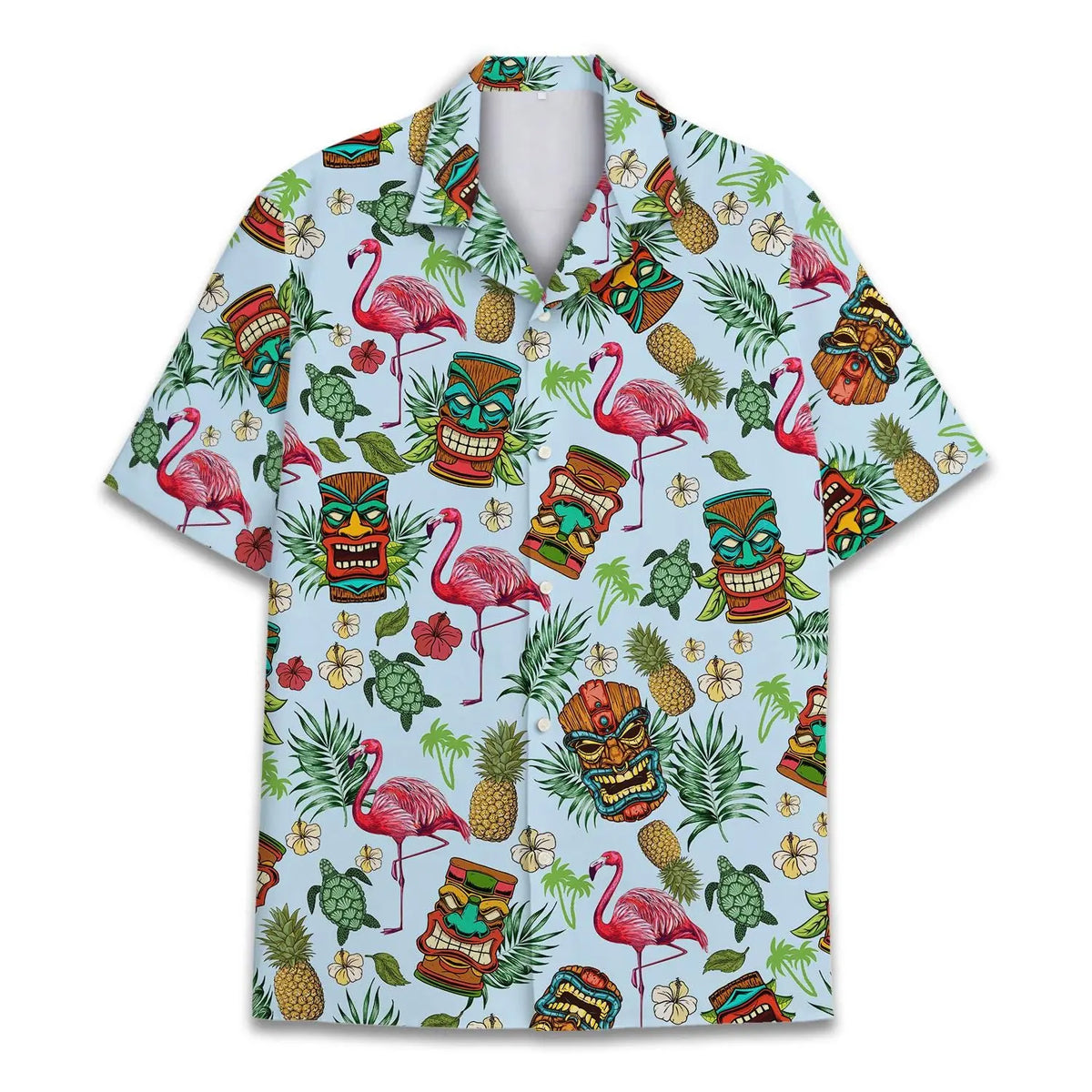 Tropical Island Tiki Flamingo Aloha Hawaiian Shirt For Creative Adventures, Beach Travel, And Bold Warm Weather Wear