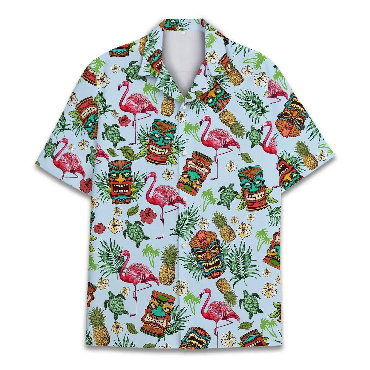 Tropical Island Tiki Flamingo Aloha Hawaiian Shirt For Creative Adventures, Beach Travel, And Bold Warm Weather Wear