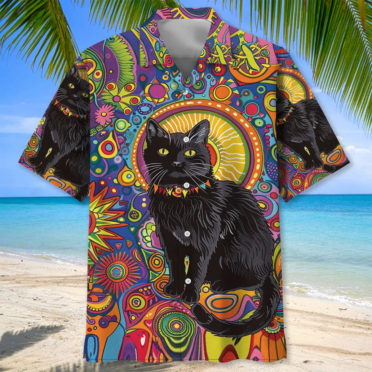 Hippie Black Cat Hawaiian Shirt For Tropical Holidays, Outdoor Gatherings, And Everyday Comfort