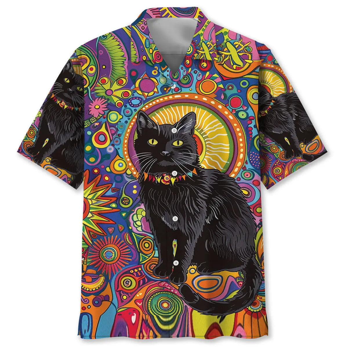 Hippie Black Cat Hawaiian Shirt For Tropical Holidays, Outdoor Gatherings, And Everyday Comfort