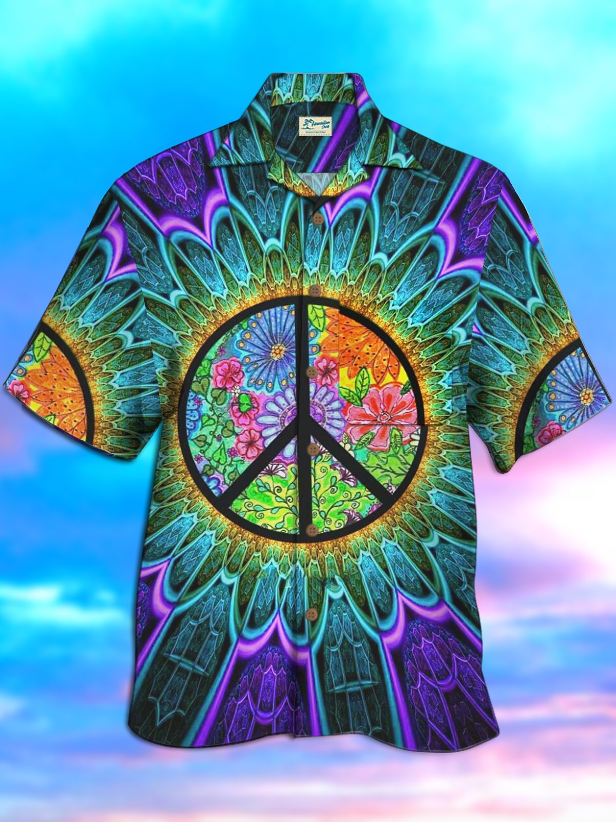 Psychedelic Island Hippies Peace Vacation Beach Aloha Hawaiian Shirt For Summer Vacation, Beach Travel, And Casual Wear