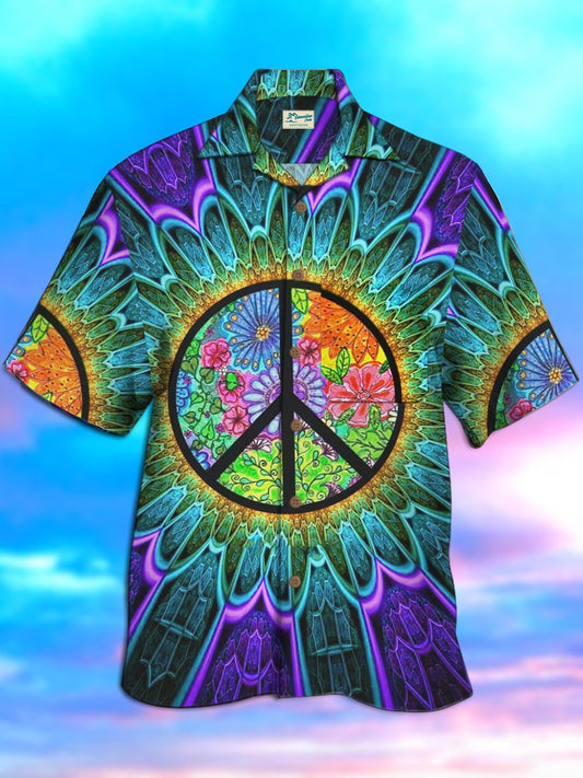 Psychedelic Island Hippies Peace Vacation Beach Aloha Hawaiian Shirt For Summer Vacation, Beach Travel, And Casual Wear
