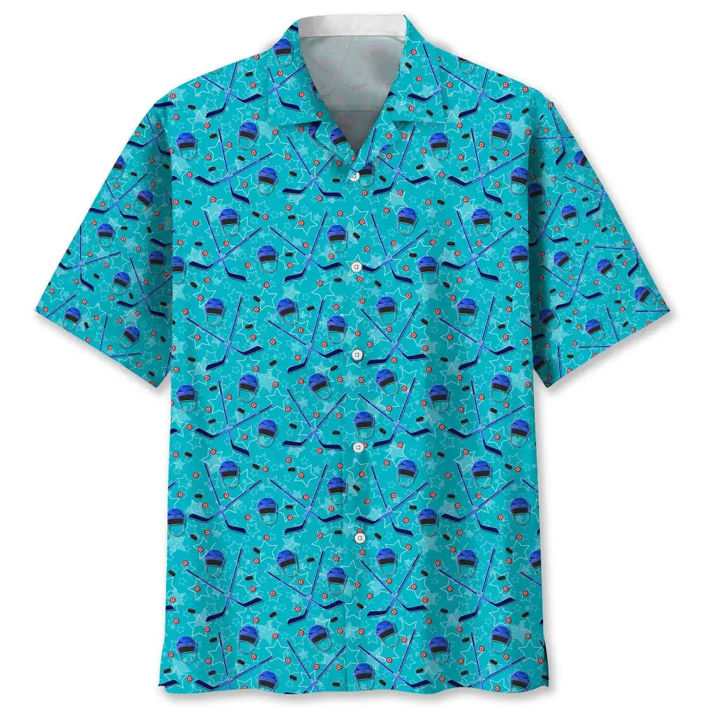 Hockey Blue Beach Hawaiian Shirt For Tropical Holidays, Resort Trips, And Relaxed Coastal Style
