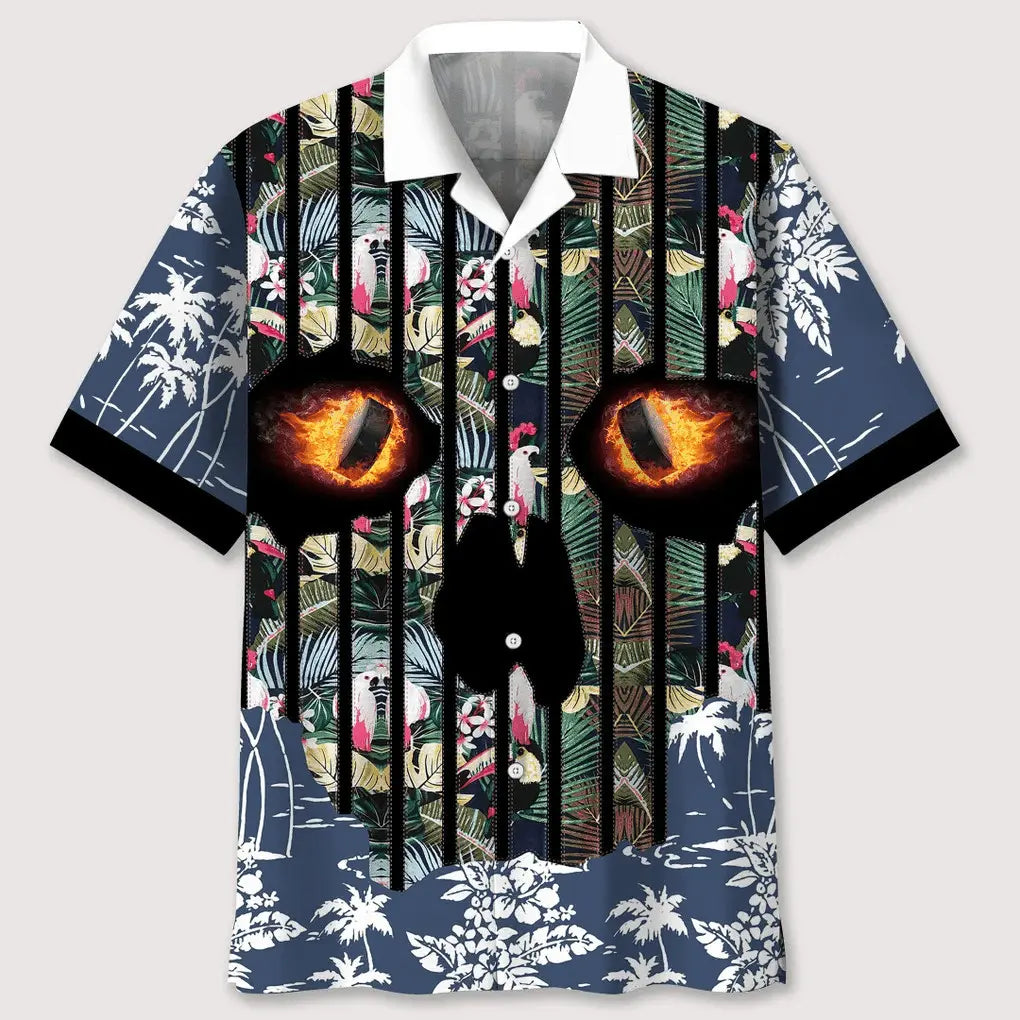 Floral Hockey Skull Hawaiian Shirt For Coastal Travel, Casual Events, And Comfortable Summer Wear