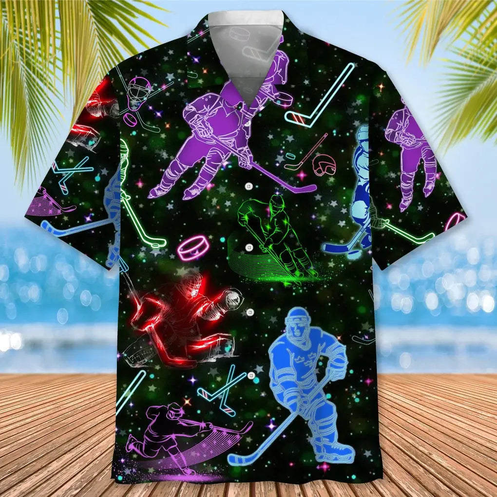Neon Hockey Light Hawaiian Shirt For Coastal Travel, Casual Events, And Comfortable Summer Wear