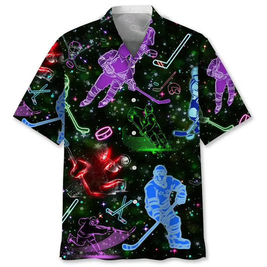 Neon Hockey Light Hawaiian Shirt For Coastal Travel, Casual Events, And Comfortable Summer Wear