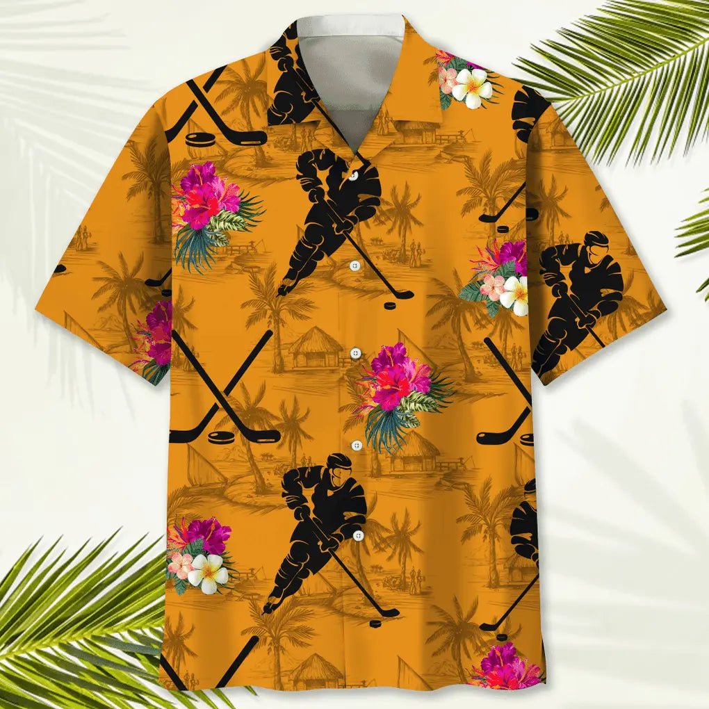 Tropical Hockey Orange Hawaiian Shirt For Beach Days, Summer Outings, And Thoughtful Gift Giving
