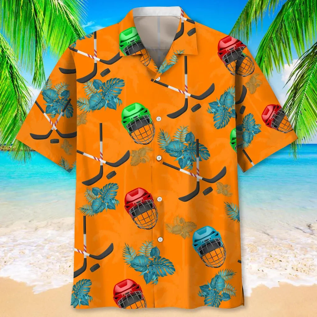 Tropical Hockey Orange Hawaiian Shirt For Resort Trips, Coastal Parties, And Warm Weather Style