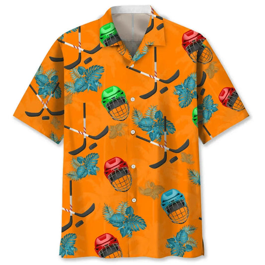 Tropical Hockey Orange Hawaiian Shirt For Resort Trips, Coastal Parties, And Warm Weather Style