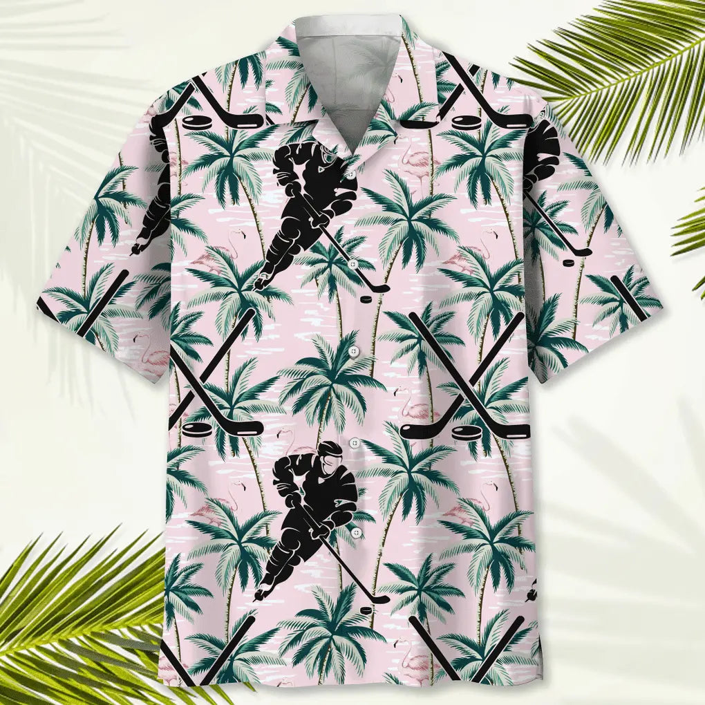 Tropical Hockey Pink Hawaiian Shirt For Tropical Holidays, Resort Trips, And Relaxed Coastal Style
