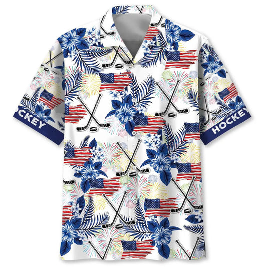 Patriotic Hockey Hawaiian Shirt For Seasonal Celebration And Daily Summer Wear