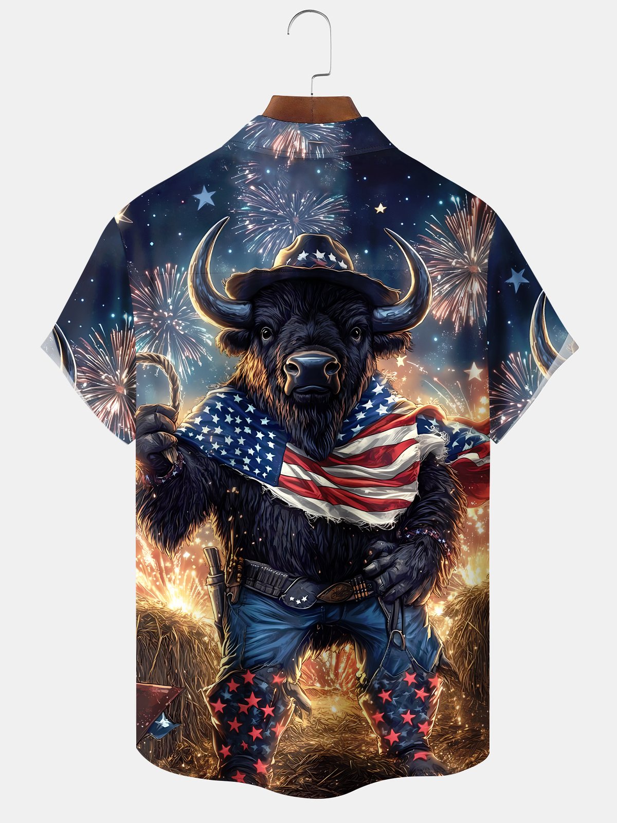 American Holiday Flag Bison Independence Fireworks Hawaiian Shirt For Summer Vacation, Beach Travel, And Casual Wear