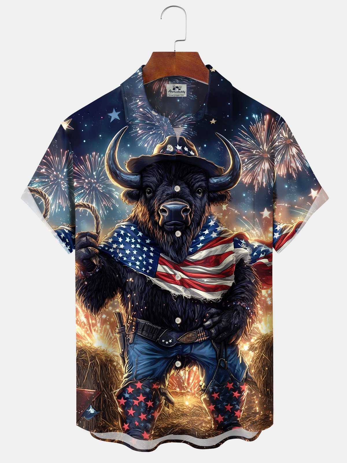 American Holiday Flag Bison Independence Fireworks Hawaiian Shirt For Summer Vacation, Beach Travel, And Casual Wear