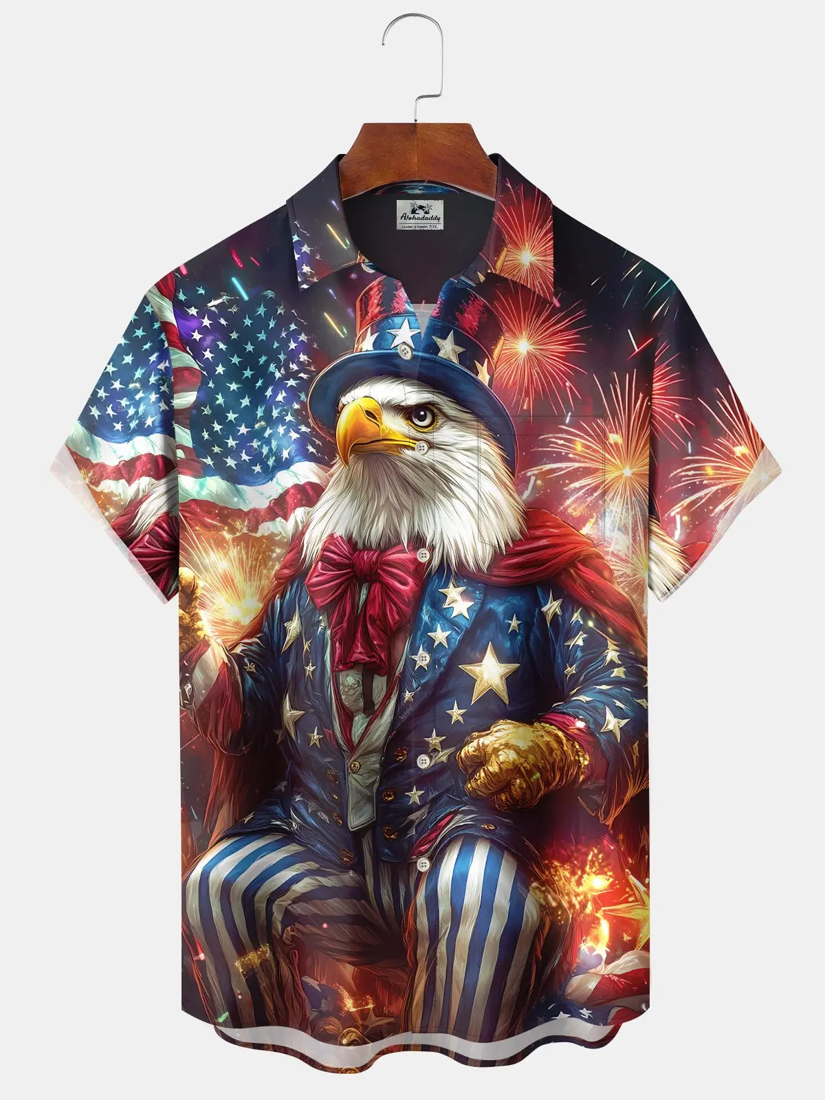 American Holiday Flag Eagle Independence Fireworks Hawaiian Shirt For Summer Vacation, Beach Travel, And Casual Wear