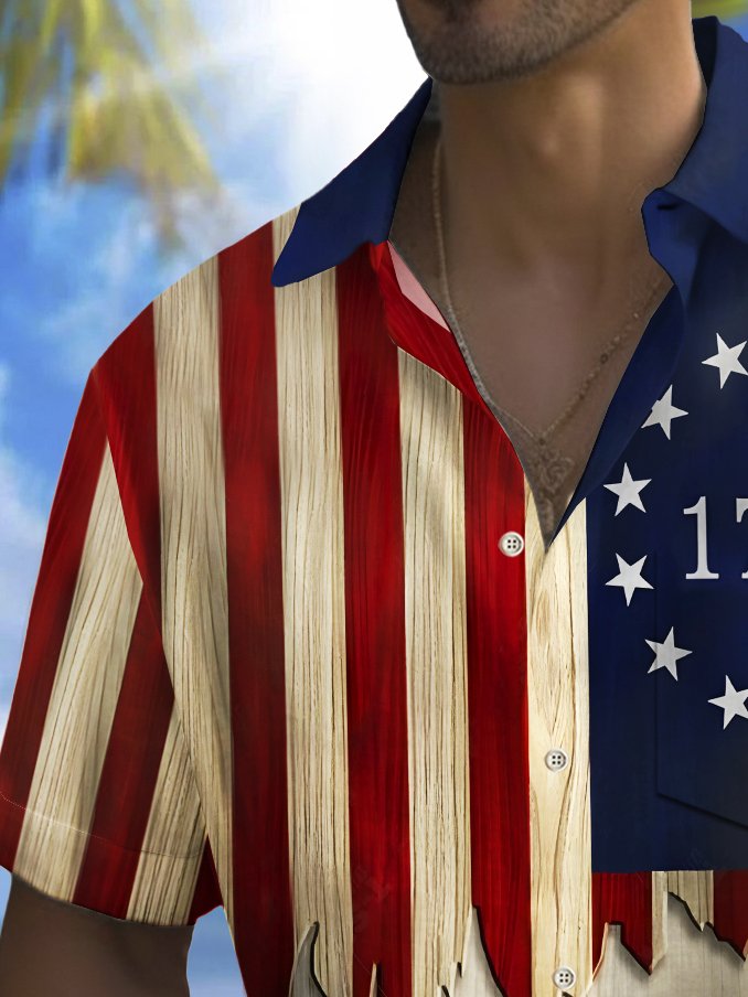 Holiday Men's Independence Day Flag 1776 Printed Casual Breathable Patriotic Hawaiian Shirt