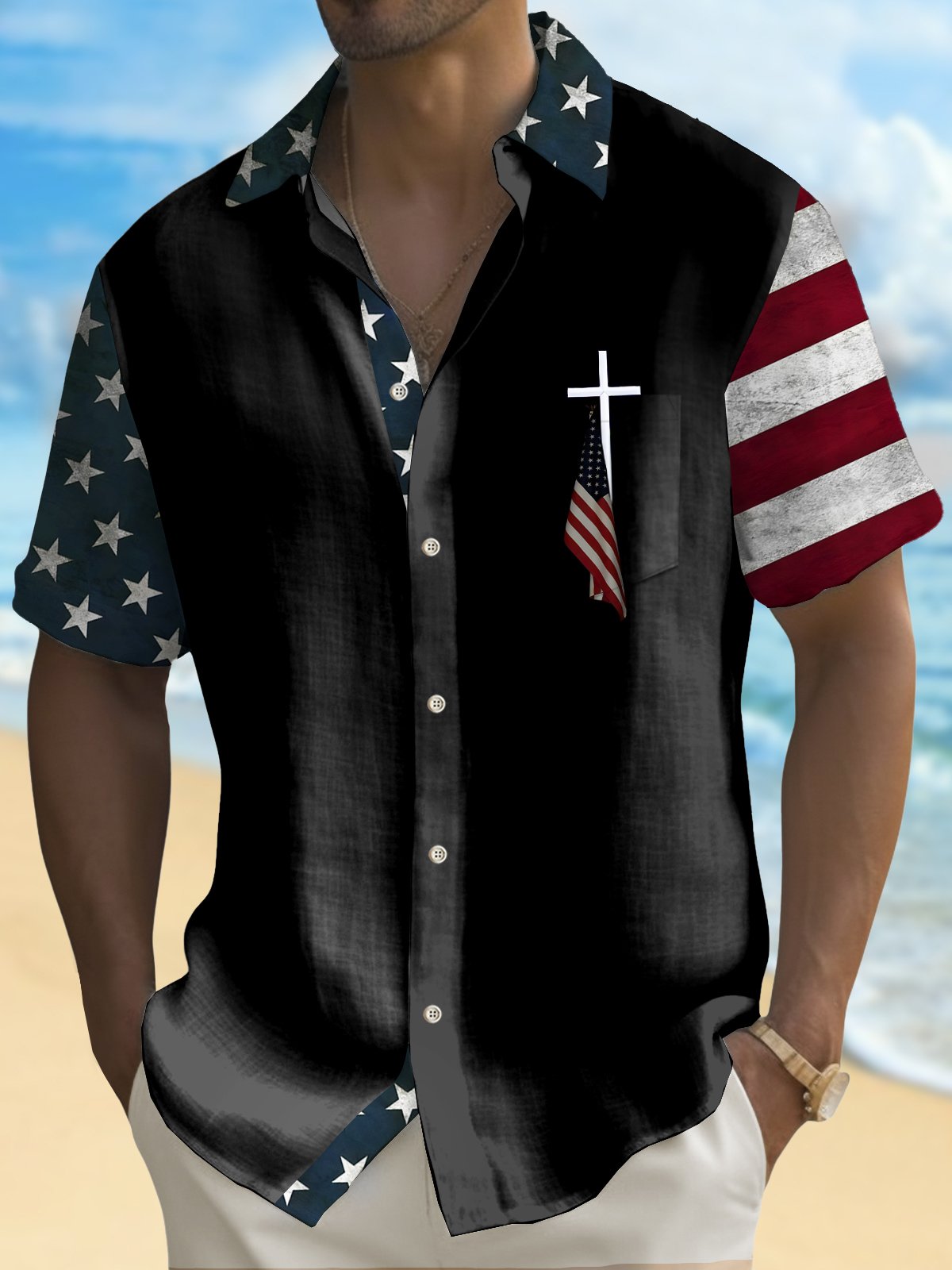 Holiday Independence Flag Cross Tall Hawaiian Shirt For Winter Celebrations, Beach Travel, And Relaxed Holiday Wear