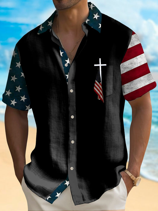 Holiday Independence Flag Cross Tall Hawaiian Shirt For Winter Celebrations, Beach Travel, And Relaxed Holiday Wear