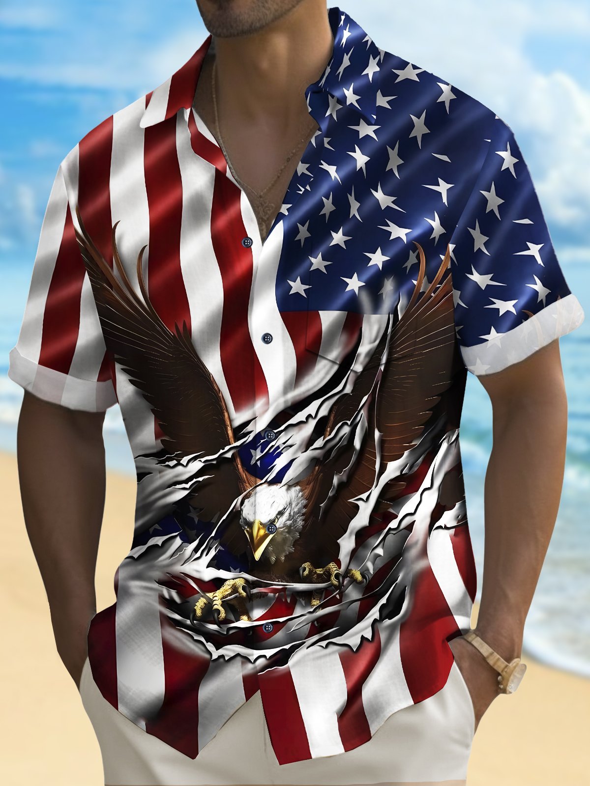 Holiday Independence Flag Eagle Tall Hawaiian Shirt For Winter Celebrations, Beach Travel, And Relaxed Holiday Wear