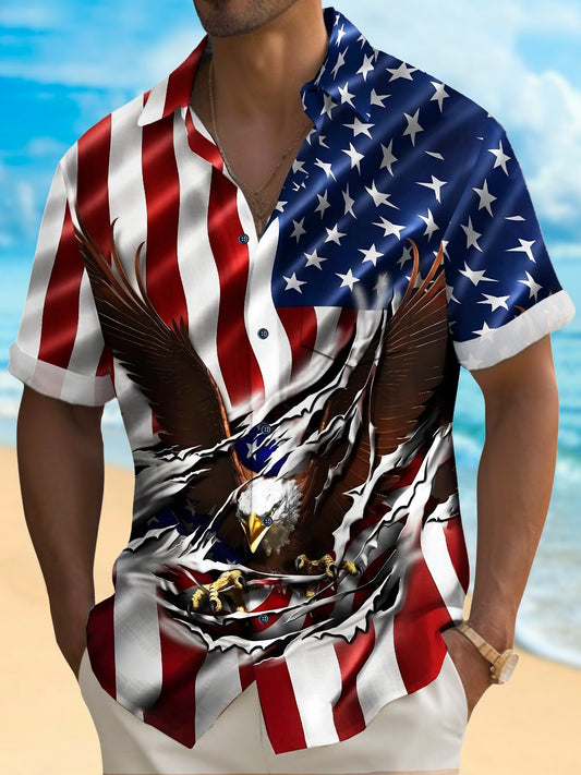 Holiday Independence Flag Eagle Tall Hawaiian Shirt For Winter Celebrations, Beach Travel, And Relaxed Holiday Wear