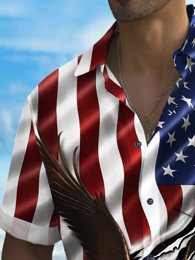 Holiday Independence Flag Eagle Tall Hawaiian Shirt For Winter Celebrations, Beach Travel, And Relaxed Holiday Wear