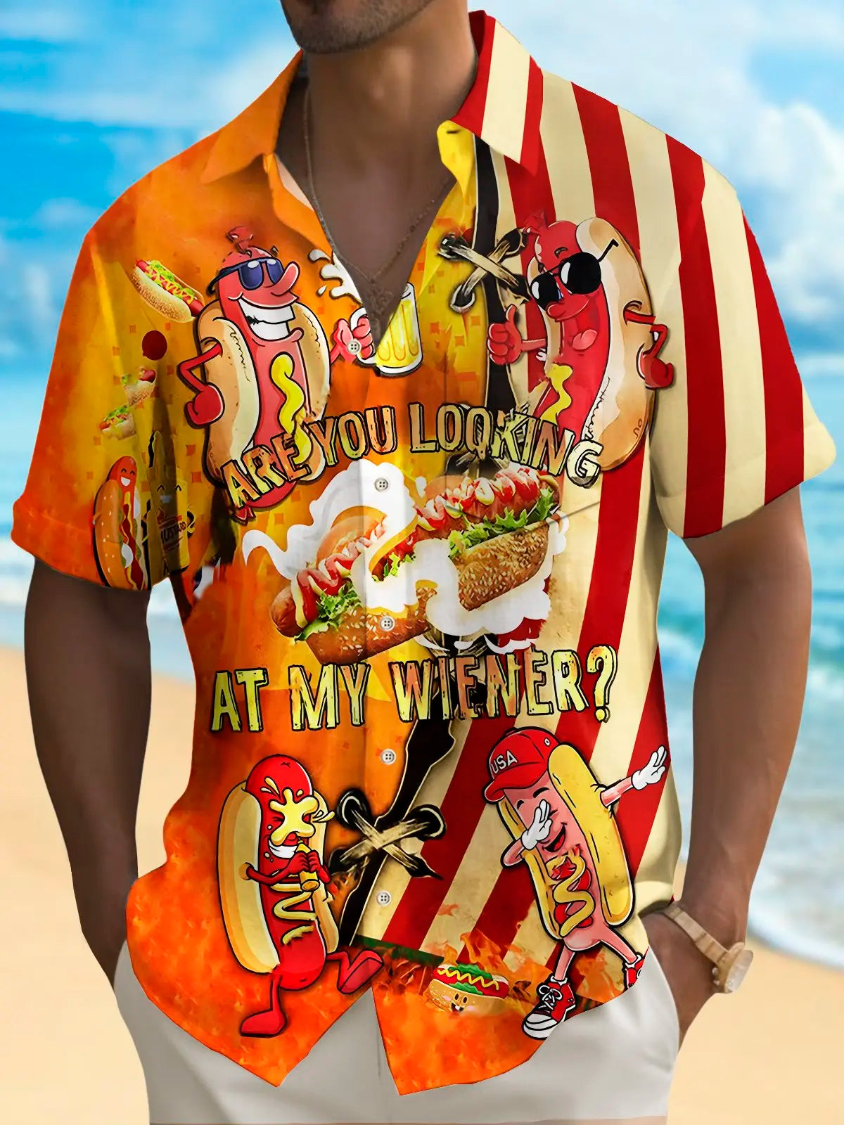 Holiday Independence Flag Hot Dog Tall Hawaiian Shirt For Beach Days, Summer Outings, And Thoughtful Gift Giving