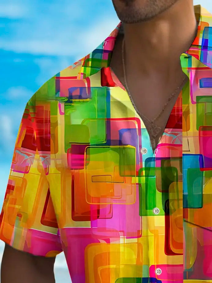 Colorful Holiday Pride Month Rainbow Geometric Tall Hawaiian Shirt For Summer Vacation, Beach Travel, And Casual Wear