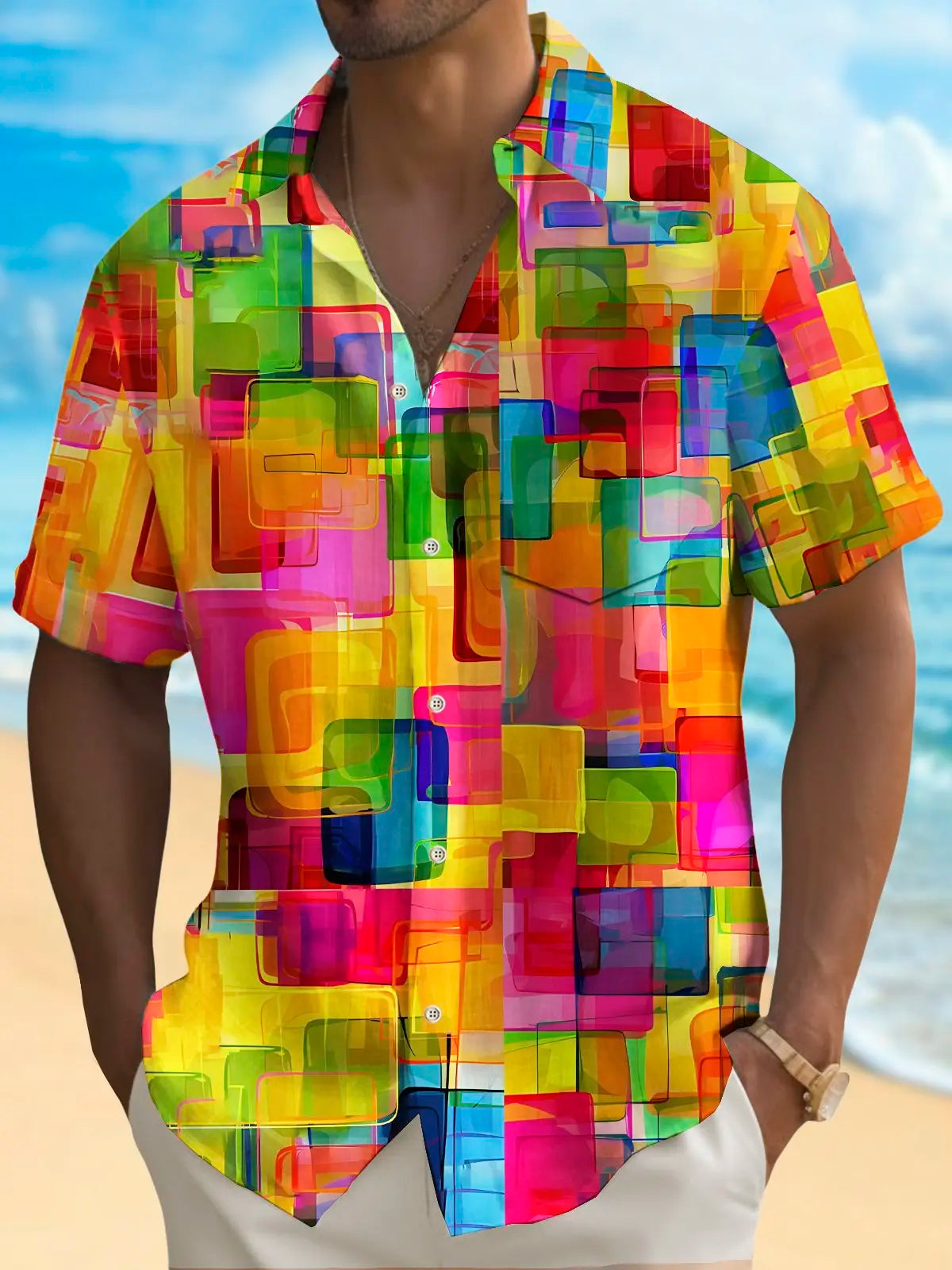 Colorful Holiday Pride Month Rainbow Geometric Tall Hawaiian Shirt For Summer Vacation, Beach Travel, And Casual Wear