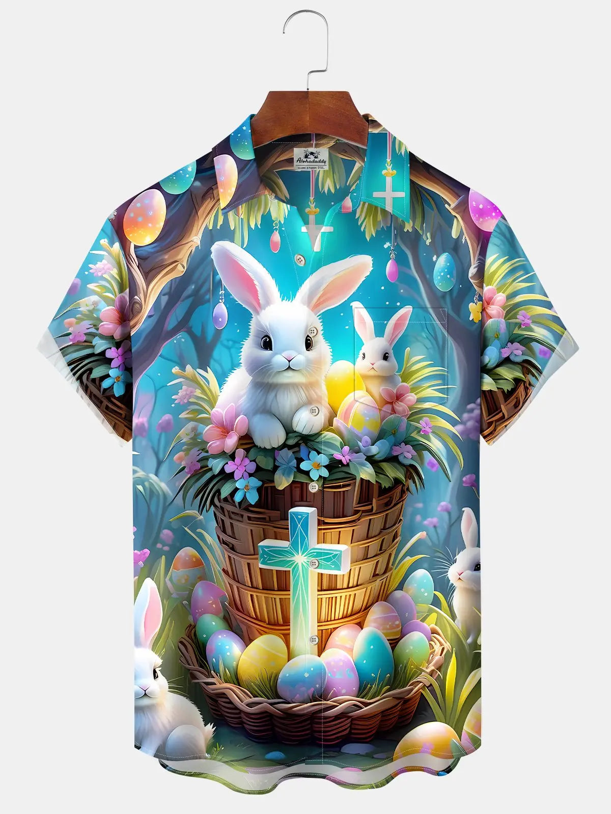 Vintage Holiday Easter Egg Bunny Cross Cartoon Hawaiian Shirt For Beach Days, Summer Outings, And Thoughtful Gift Giving