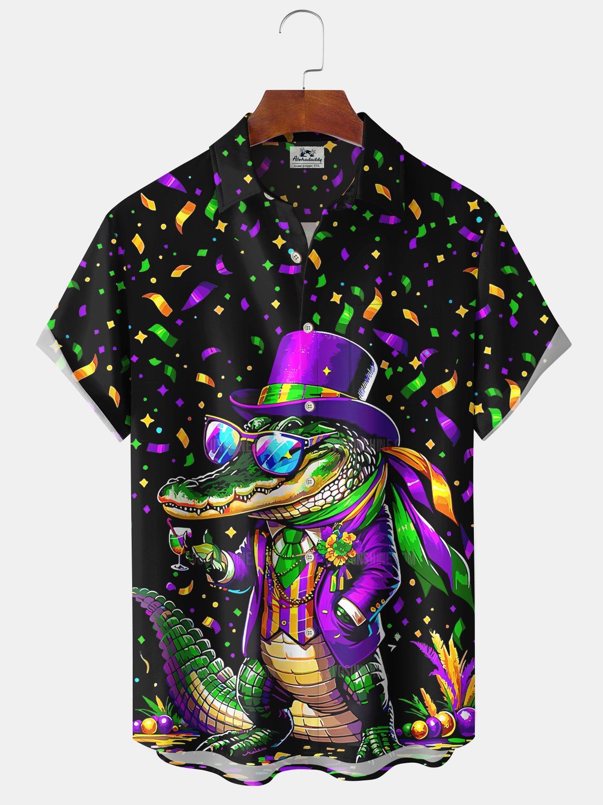 Vintage Holiday Mardi Gras Croc Hawaiian Shirt For Island Vacations, Resort Wear, And Relaxed Seasonal Style
