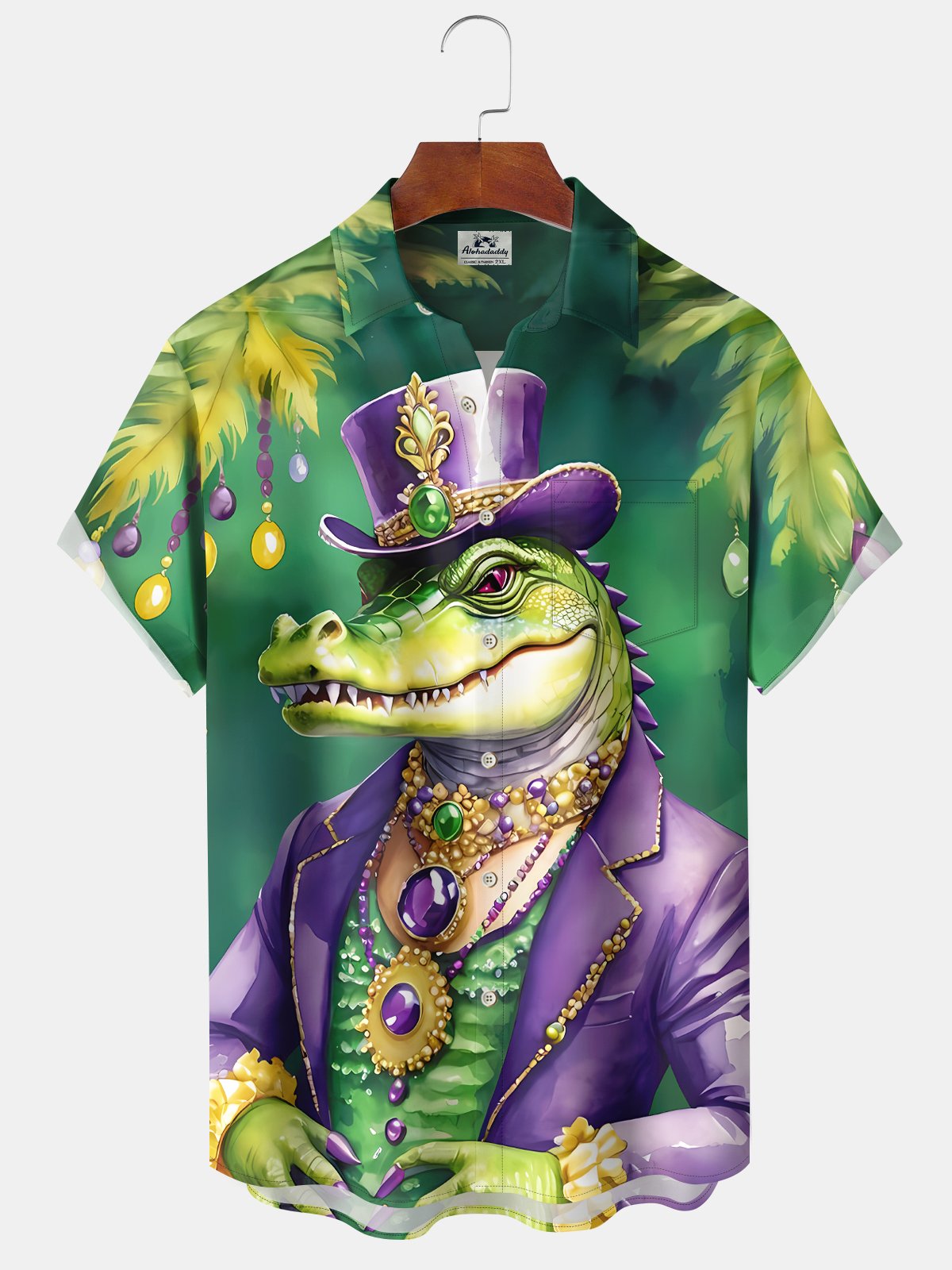 Vintage Holiday Mardi Gras Crocodile Coconut Tree Hawaiian Shirt For Summer Vacation, Beach Travel, And Casual Wear