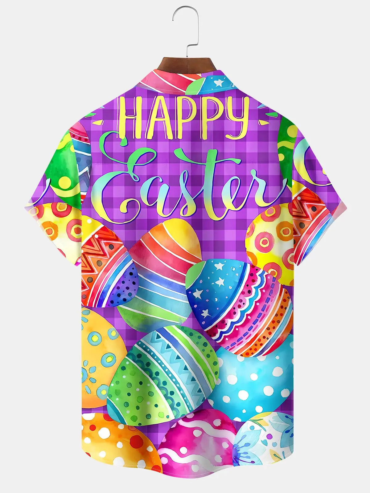 Vintage Holiday Plaid Easter Egg Cartoon Hawaiian Shirt For Winter Celebrations, Beach Travel, And Relaxed Holiday Wear