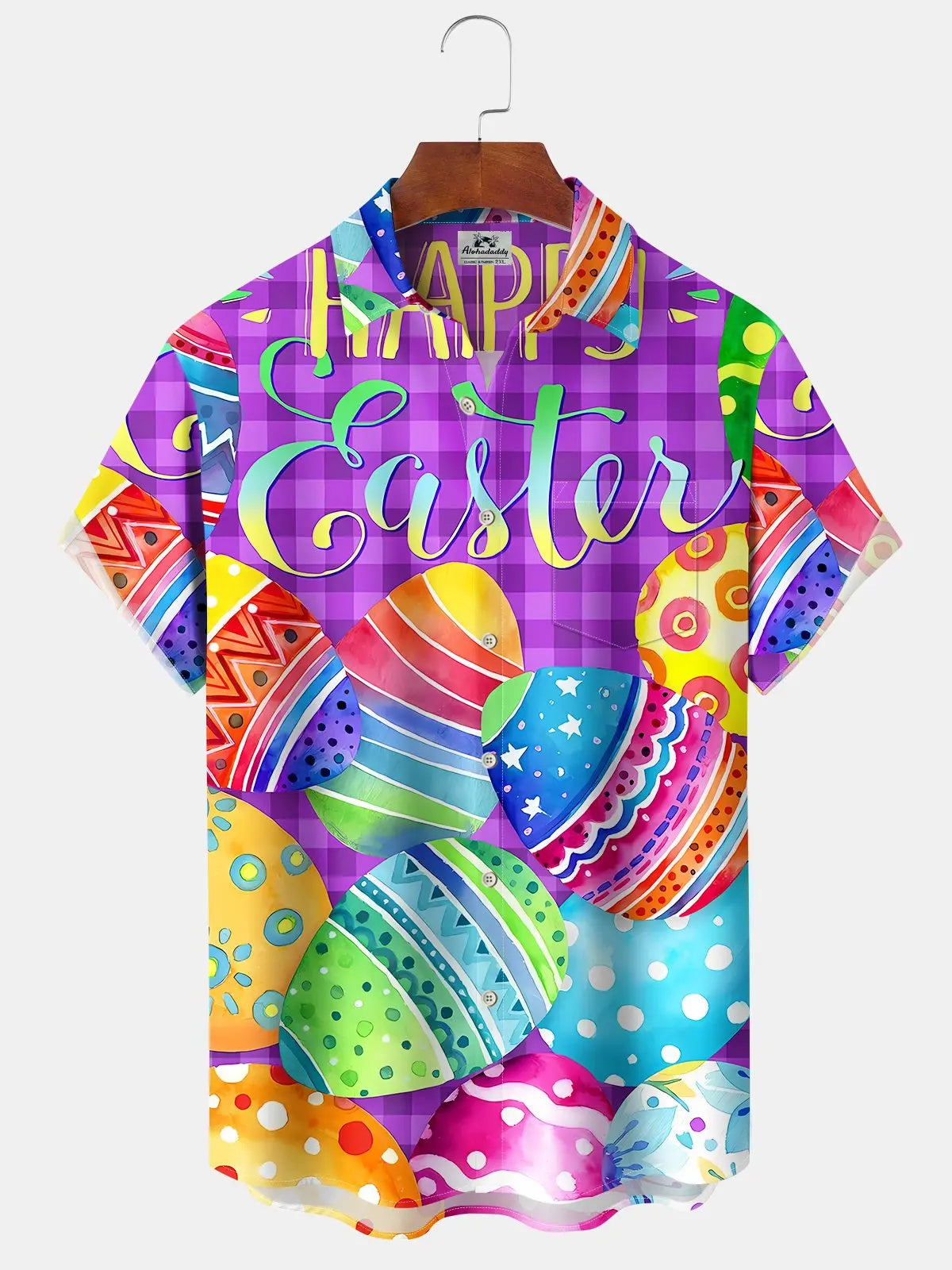 Vintage Holiday Plaid Easter Egg Cartoon Hawaiian Shirt For Winter Celebrations, Beach Travel, And Relaxed Holiday Wear