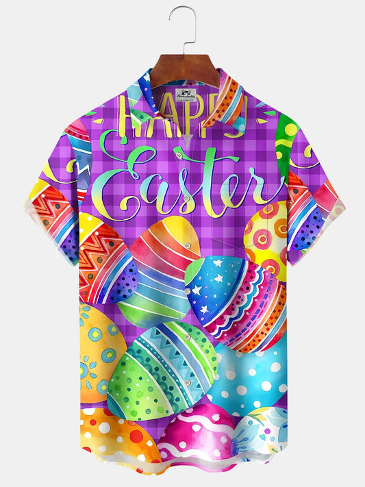 Vintage Holiday Plaid Easter Egg Cartoon Hawaiian Shirt For Winter Celebrations, Beach Travel, And Relaxed Holiday Wear