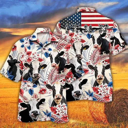 American Vintage Holstein Friesian Cattle Flag Cow Hawaiian Shirt For Summer Vacation, Beach Travel, And Casual Wear