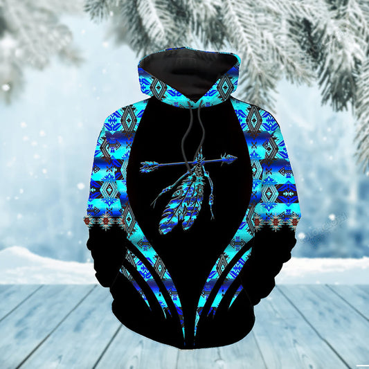 Blue Feather Tribal Hoodie For Traditional Themes Outdoor Events And Casual Travel