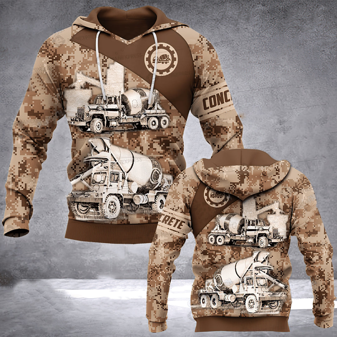 Brown Camo Concrete Mixer Hoodie For Hunting Season Outdoor Activities And Relaxed Layering