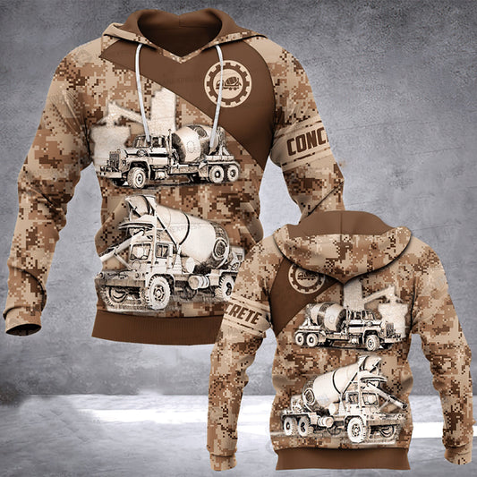 Brown Camo Concrete Mixer Hoodie For Hunting Season Outdoor Activities And Relaxed Layering