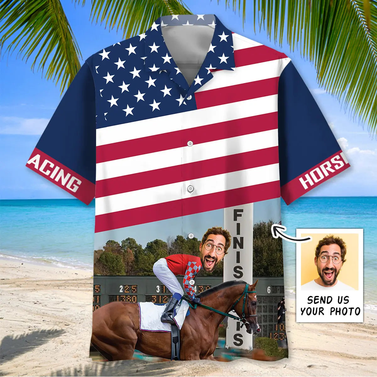 Horse Racing Alone Finish Personalized Photo Face Hawaiian Shirt For Summer Vacation, Beach Travel, And Casual Wear