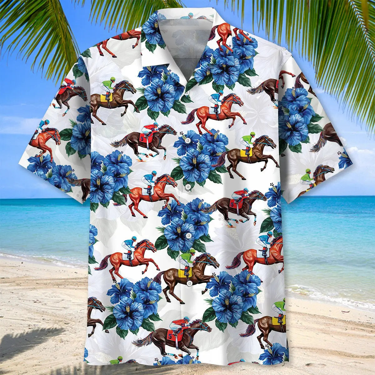 Horse Racing Blue Hawaiian Shirt For Motorsport Events, Beach Travel, And Thoughtful Gift Giving