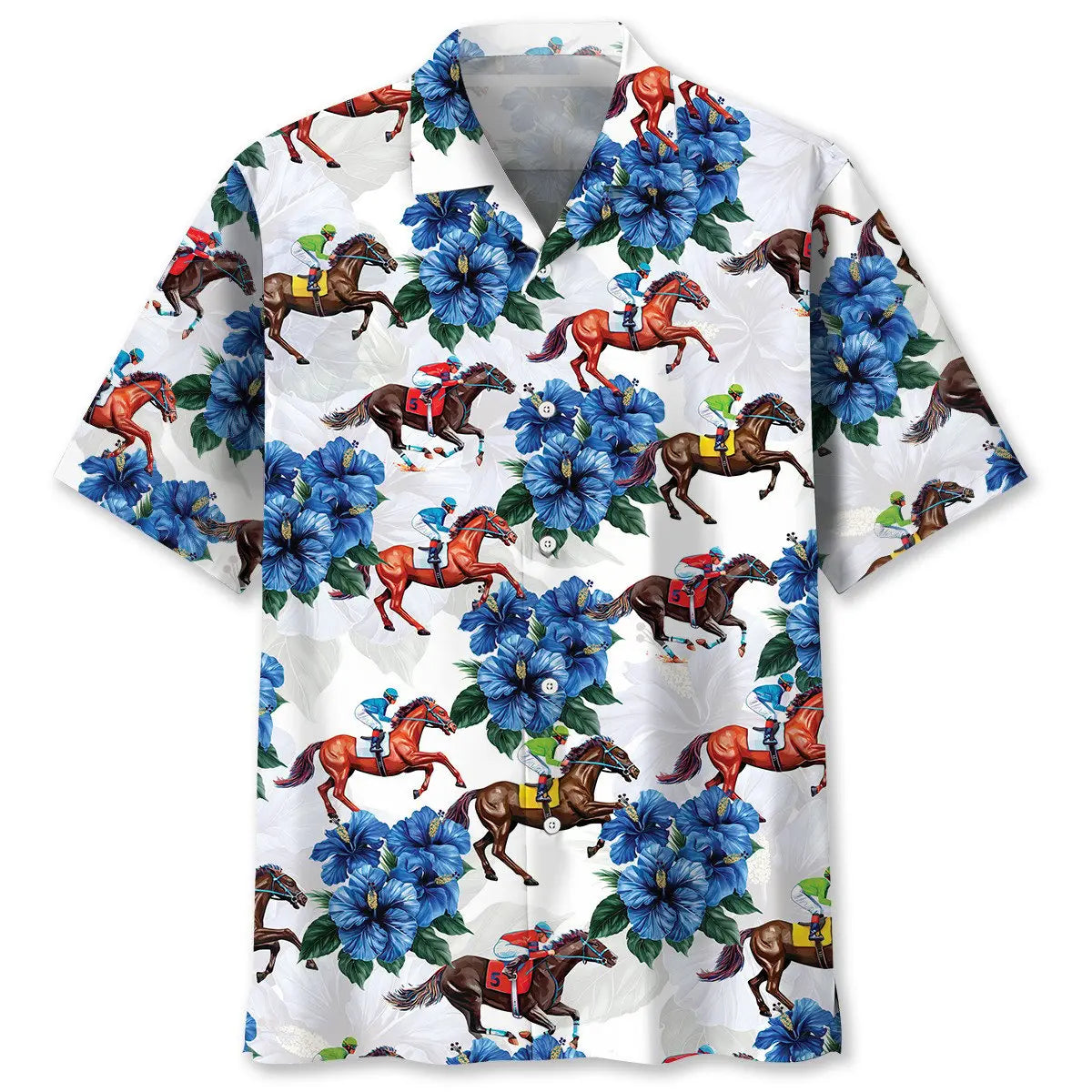 Horse Racing Blue Hawaiian Shirt For Motorsport Events, Beach Travel, And Thoughtful Gift Giving