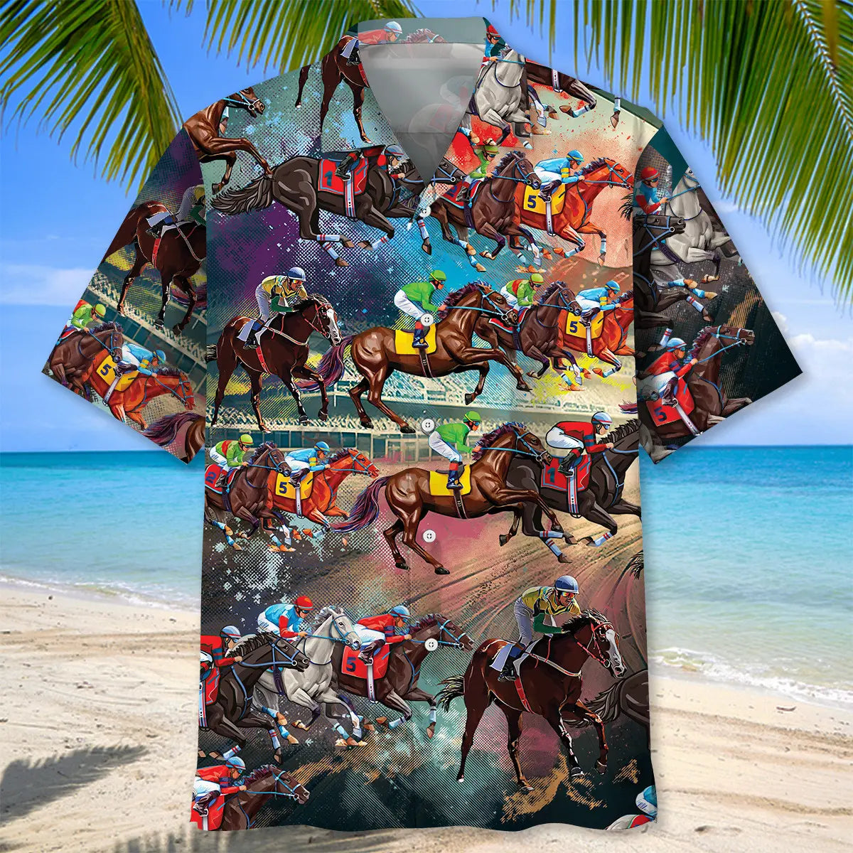 Colorful Horse Racing Hawaiian Shirt For Tropical Holidays, Outdoor Gatherings, And Everyday Comfort