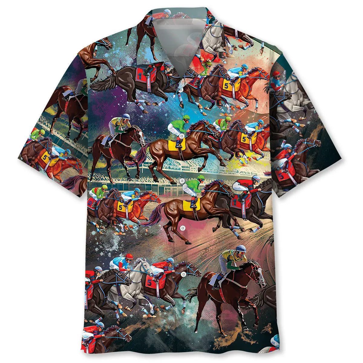 Colorful Horse Racing Hawaiian Shirt For Tropical Holidays, Outdoor Gatherings, And Everyday Comfort
