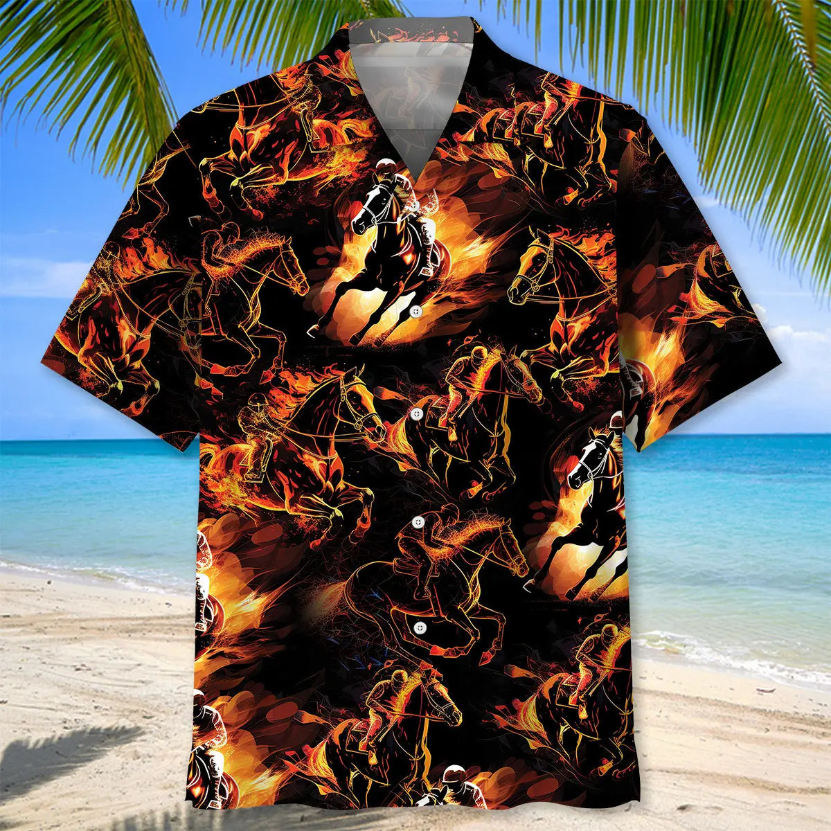 Horse Racing Fire Hawaiian Shirt For Motorsport Events, Beach Travel, And Thoughtful Gift Giving
