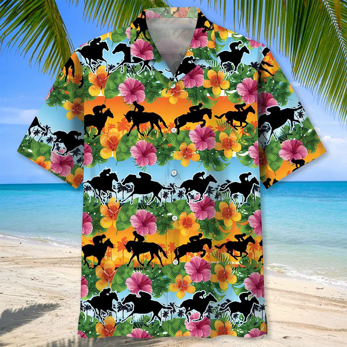 Colorful Tropical Horse Racing Hawaiian Shirt For Beach Days, Summer Outings, And Thoughtful Gift Giving