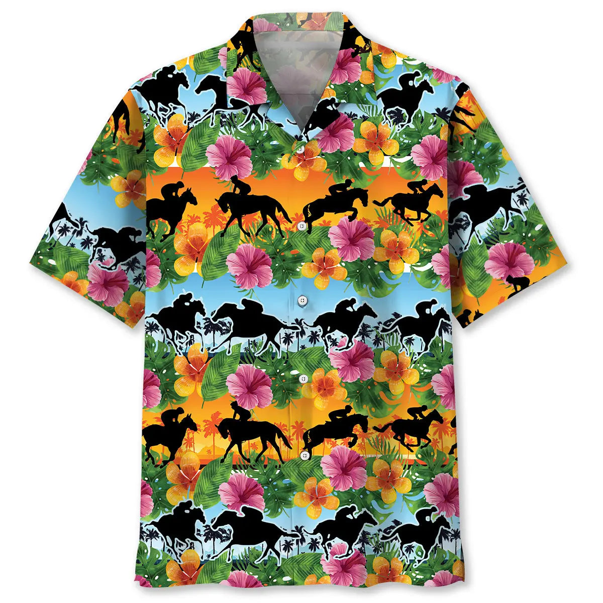 Colorful Tropical Horse Racing Hawaiian Shirt For Beach Days, Summer Outings, And Thoughtful Gift Giving